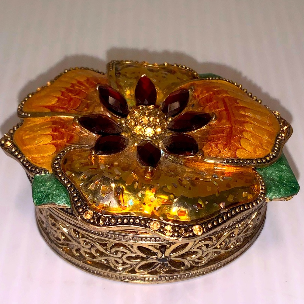Small Enamel Floral Trinket Box with Red & Gold Rhinestone SIGNED LC